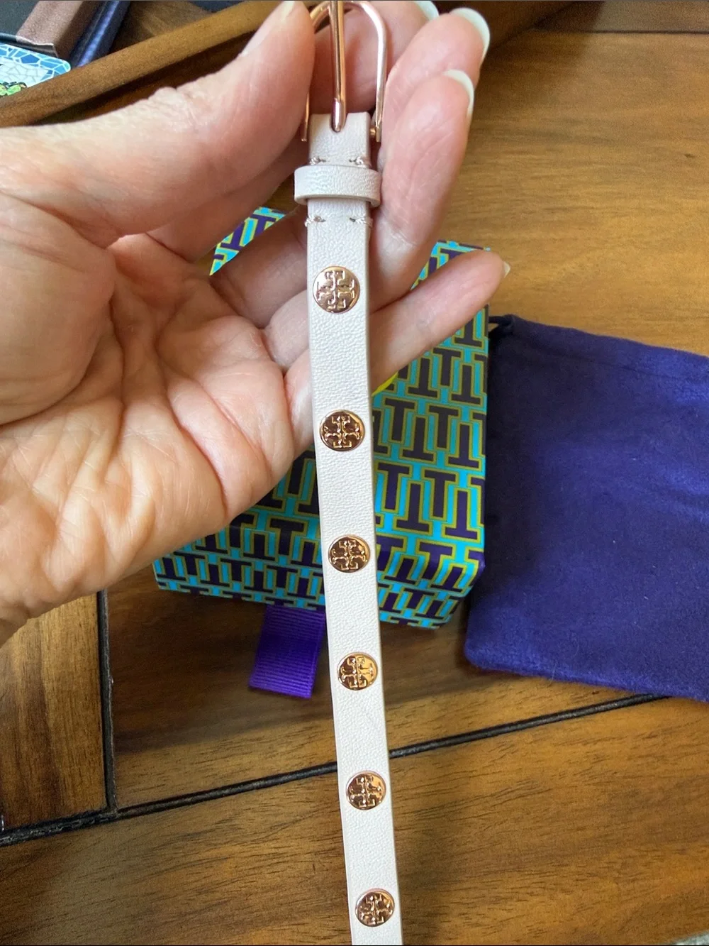 Tory Burch Double Wrap Leather Logo Stud Bracelet with pouch and gift box